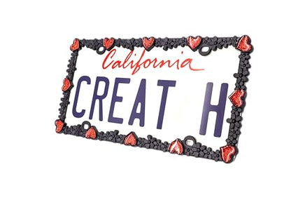 Creathome 3D Shining Daisy Heart License Plate Frame from Pure Zinc Alloy Metal Perfect Plate Holder, Matt Black with Red Glitter, Luminously Heart - color: Matt black with Red Glitter, Luminously Heart