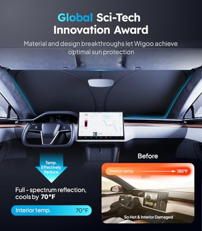 2026 Upgraded Accessories Tesla Model S Windshield Sunshade [Ice Shield Tech Fabric, 100% Sun Blockage], Foldable Heat Insulation Sunshade with Storage Bag, for Tesla Model S 2016~2026, Silver Coating - size: 3.Model S (2016-2026)