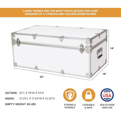 Rhino Trunk & Case Large Essential Trunk With Wheels 32”x18”x14”, 1000+ lbs Capacity - Many Colors. Strong, USA Made Summer Camp Footlocker, and Secure College Dorm Storage Chest - color: White