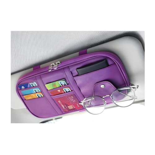 Car Sun Visor Organizer, Multi-Pocket Visor Storage Pouch Sunglasses Holder with Net Zippers, PU Leather Sunvisor Storage Bag with Elastic Band for Driving License Card Pen (Purple) - color: Purple