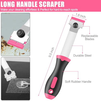 NECAMOCU 4 Pack Razor Blade Scraper, Premium Cleaning Scraper Tool with 50 PCS Metal & Plastic Razor Blades, Multi-Purpose Glass Scraper for Windows, Sticker, Decals, Cooktop, Paint Removal (Pink) - color: Pink