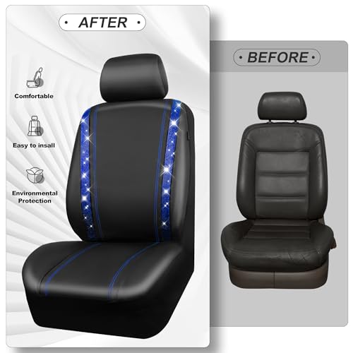 CAR PASS Bling Diamond Car Seat Covers Full Set, Shining Rhinestone Waterproof Faux Leather, Rear with Zipper, Universal Fit Automotive Glitter Crystal Sparkle Strips for Cute Women Girl, Blue - color: Blue Diamond, size: Full Set