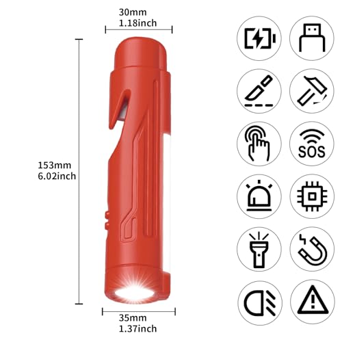 KnLnny Ware Automotive Escape Tool, Window Breaker,Seatbelt Cutter, Car Flashlight, 5 in1 Auto Tactical Gear, USB Charging, Magnetic Attraction, Emergency Kit Self Defense Accessories,Red - color: Red