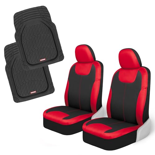 Motor Trend 2 Waterproof Front Seat Covers + 2 Trimmable Floor Mats – Universal Fit Car Interior Combo Set for Cars, Trucks, SUVs & Vans – All-Weather Protection for Vehicle Seats & Flooring - color: Red Front Seats & Black Mats