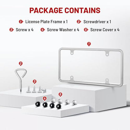 RED WOLF Chrome Polished Mirror License Plate Frame Stainless Steel Without Obstruction Car Slim Silver License Plate Holder Rustproof Unbreakable with Screws 6 x 12” Universal for Car Van (1-Pack) - style: 1-pack