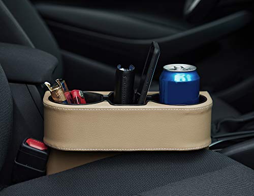 IOKONE Coin Side Pocket Console Side Pocket Leather Cover Car Cup Holder Auto Front Seat Organizer Cell Mobile Phone Holder (Beige) - color: Beige