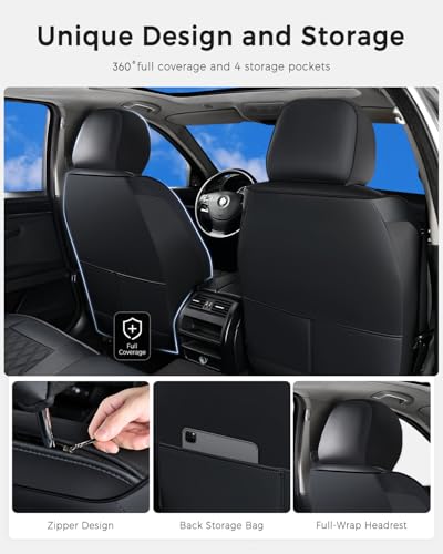 Huidasource Car Seat Cover, Nappa Leather Seat Covers, Velcro Adjustable, Compatible with Airbags, Child Seat, Seat Belts, Universal Fit for Most Cars, Vans, Trucks, SUVs (Full Set/Black) - color: 01FS# Black01, size: 5pcs Full Set
