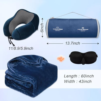 urnexttour Travel Pillow and Blanket Set Neck Pillows Travel Essentials with Sleep Mask for Airplane Car Memory Foam Blue - color: A-blue