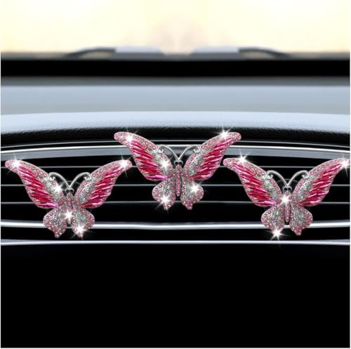 3PCS Bling Butterfly Car Vent Clip, Rhinestone Car Dashboard Air Vent Trim Clips, Auto Air Fresheners Outlet Clip, Auto Interior Diffuser Decoration Accessories for Women Present(Rose) - size: Rose Red