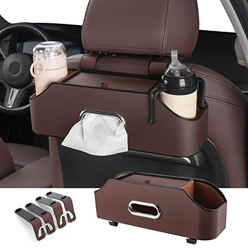 HOLDCY Car Back Seat Organizer with 2 Drink Cup Holder - Tissue Box and Storage Box Hook - Multi-functional Storage - Great for Kids and Travel (Brown) - color: Brown