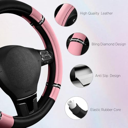 Road Comfort Leather Steering Wheel Cover – Premium Anti-Slip Car Steering Wheel Grip Cover – Universal Fit for 14.5”–15” Cars, Trucks & SUVs - Pink - color: Pink