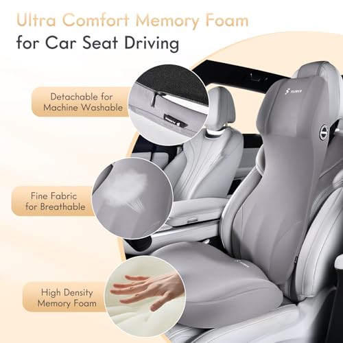 FLORICH Car Seat Cushion with Neck Pillow Lumbar Support Kit Memory Foam Seat Cushion for Car Ergonomic Back Support Headrest for Driving Car Seat Pillow Back Sciatica Tailbone Pain Relief, Gray