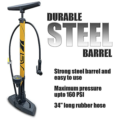 BV Bicycle Pump Durable Bike Floor Pump 17/24 inch Smart Valve Head, 160 psi, Automatically Reversible Presta and Schrader - style: Honey Yellow- Full Size