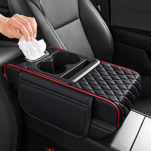 5 in 1 Car Center Console Cover, Armrest Pad with 2 Storage Pockets, Cup Holder, Tissue Box Slot, Phone Holder, Universal Car Interior Organizer (Black with Red Stitching) - color: Black with Red Stitching