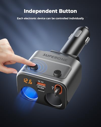 180W Cigarette Lighter Splitter w/Retractable 36W USB-C Cable, SUPERONE 2-Socket Cigarette Lighter Adapter with QC3.0 Car Charger Splitter for GPS/Dash Cam/Laptop/iPad/iPhone 17/16/15/14/13/12/11