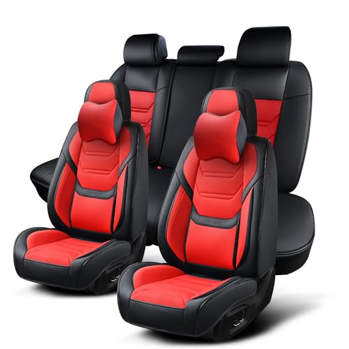 Car Seat Covers Full Set, Breathable Leather Automotive Front and Rear Seat Covers & Headrest for Reduce The Driving Fatigue, Compatible with Most Vehicles, Cars (Black&Red, Front Pair and Rear) - color: Black&Red, size: Front Pair and Rear