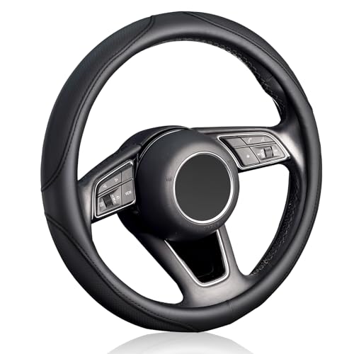 KAFEEK Black Steering Wheel Cover Men Women Universal 15 inch, Black Microfiber Leather, Odorless, Breathable, Durable Leather Cover with Anti-Slip Lining - color: black3