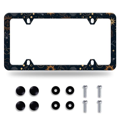 Sun Moon Stars License Plate Frame Starry License Plate Frames Stainless Steel Accessories Cars Decor with 4 Holes and Screws Fits Standard US CA Vehicles Size 12.2 x 6 Inches - color: Sun moon stars-2