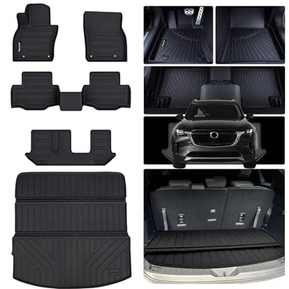 Floor Mats & Trunk mat for 2024 2025 Mazda CX-90 PHEV 8 Seats-2 Row Bench Seat(Not Fit 6&7 Seats) TPE All Weather Protection 3 Rows Car Floor Liners & Cargo Liners for CX90 Accessories - size: 2024 2025 Cx90-8 Seats Full Mats