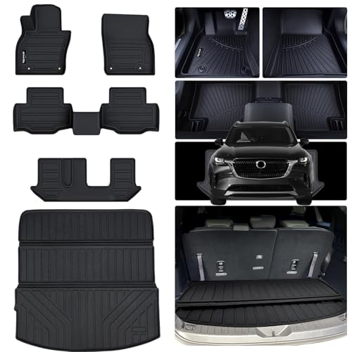 Floor Mats & Trunk mat for 2024 2025 Mazda CX-90 PHEV 8 Seats-2 Row Bench Seat(Not Fit 6&7 Seats) TPE All Weather Protection 3 Rows Car Floor Liners & Cargo Liners for CX90 Accessories - size: 2024 2025 Cx90-8 Seats Full Mats