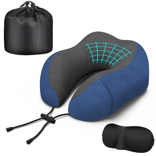 Neck Travel Pillow, Upgraded Memory Foam Pillow for Airplane, Machine Washable, Adjustable Flight Pillow, Suitable for Sleeping Airplane, Car, Office and Home (Blue) - color: Blue