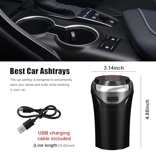 Car Ashtray with Lid, Detachable USB Rechargeable Auto Cigarette Lighter with Blue LED Light, Portable Smell Proof Stainless Car Ash Tray, Mini Automotive Trash Can (Silver) - color: Silver