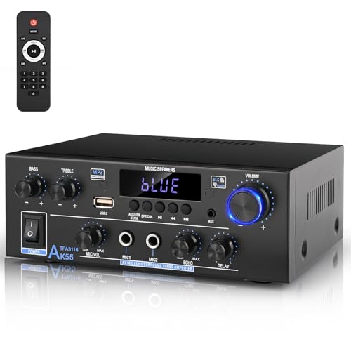 Romica AK55 Stereo Audio Amplifier, 2 Channel 500W Bluetooth 5.0 Home Audio Stereo Receivers with FM, Echo, AUX, USB, SD, MIC, Optical & Coaxial Inputs, AMP for Passive Speakers and Active subwoofer - style: 2.0 CH With Opt/Coax Input