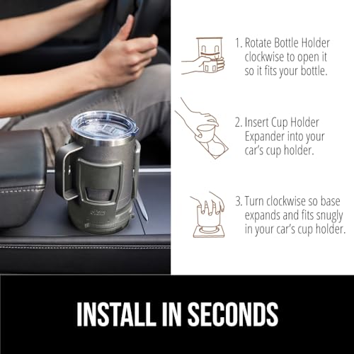GORILLA GRIP Patent Pending Adjustable Car Cup Holder Expander, Keeps Water Bottle Secure, Expands to Fit 18 to 48 oz Large Bottles, Yeti, Owala, Stanley with Handle, Coffee Mug Insert for Cars, Gray - color: Gray