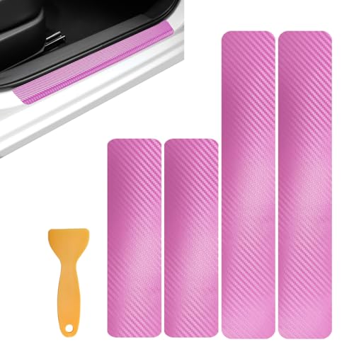 4 PCS Car Door Sill Protector, 3D Carbon Fiber Door Entry Edge Protection Trim Bumper Cover Strip, Anti-Scratch Threshold Protective Sticker Scuff Plate Guard for Most Vehicles (Pink) - color: Pink, 3D