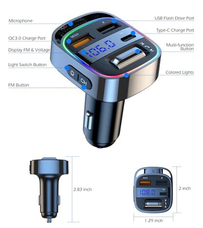 LIHAN Bluetooth 5.4 Car Adapter for Older Cars, 54W PD Fast Charging FM Transmitter, Handsfree Call, Crystal Clear GPS & Music Receiver, Supports USB Drive .wav .flac, Compatible with iPhone & Trucks