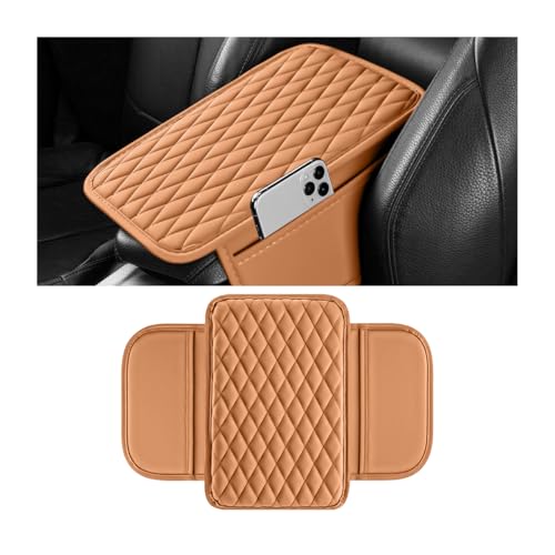 Car Armrest Cushion Pad, Leather Vehicle Center Console Cover with 2 Storage Bags, Non-Slip Automotive Interior Arm Rest Seat Box Cover Accessories, Universal for SUV RV Sedan (Orange) - color: Orange