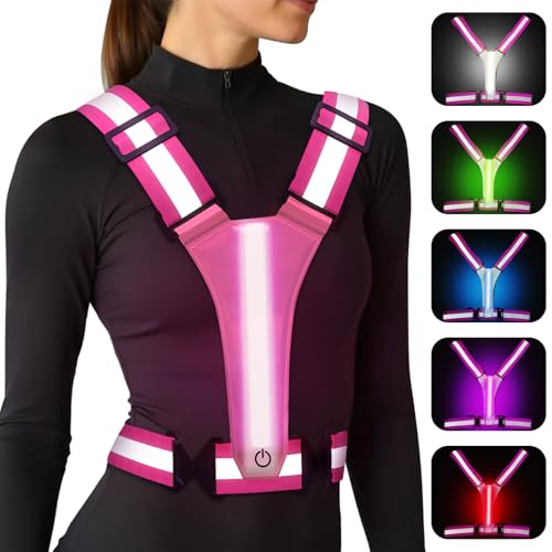 LED Reflective Vest Running Gear, 5 Colors Lights Up Running Vest for Night Walking Cycling Jogging, Adjustable Size for Men Women Kids, Rechargeable and High Visible - color: Pink
