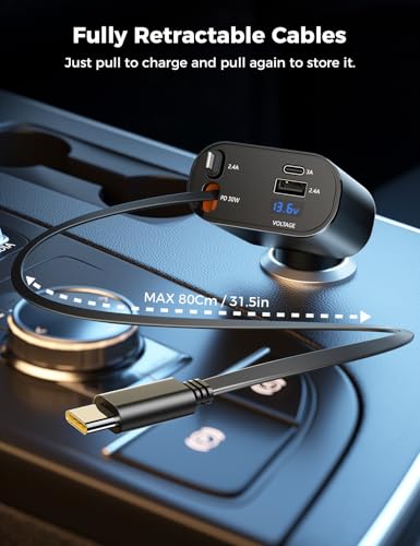 [Upgraded] SUPERONE Retractable Car Charger 4 in 1, Fast Car Phone Charger with Cord 2.6ft, USB C and Apple Car Adapter, Compatible with iPhone 17 16 15/15 Pro Max/14/13/12/11, Galaxy, Pixel - color: Black