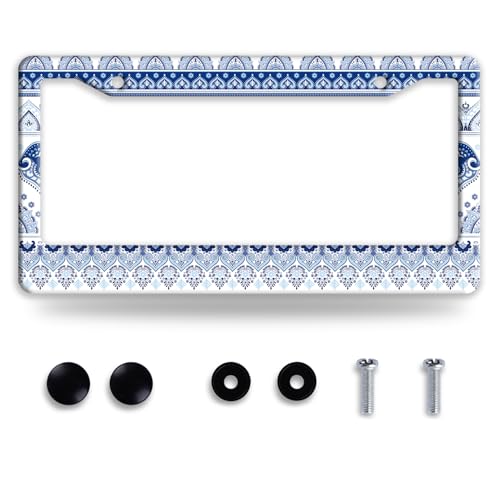 Blue White Boho License Plate Frame Mandala License Plate Holders Funny Stainless Steel Auto Accessory 2 Hole with Screws Universal Us Car License Plate Frames 6.3x12.3 Inch - color: Blue White Boho Mandala