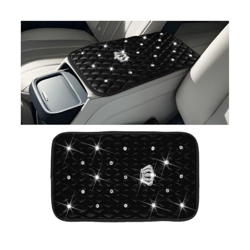 Mandark Bling Car Center Console Cover, Rhinestones Crown Vehicle Armrest Seat Box Mat Pad, Diamond Automotive Interior Arm Rest Cushion Protector Decor Accessories, Universal Fit(Black) - color: Black