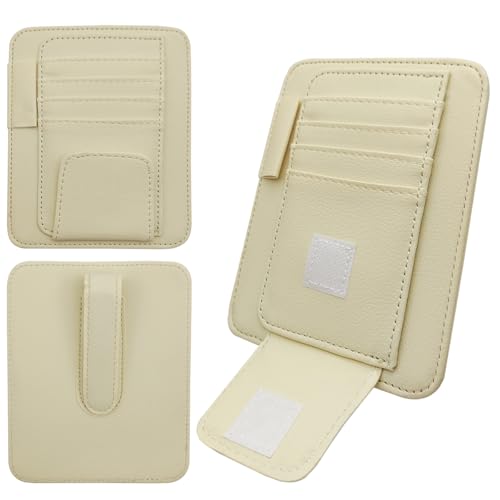 SENHAI Car Sun Visor Organizer for Car, 2 Pcs Small Leather Car Card Sleeve Pocket Organizer, Car Visor Organizer Storage Pouch for Hold Card, Sunglass Holder, Pen (Beige & Black)