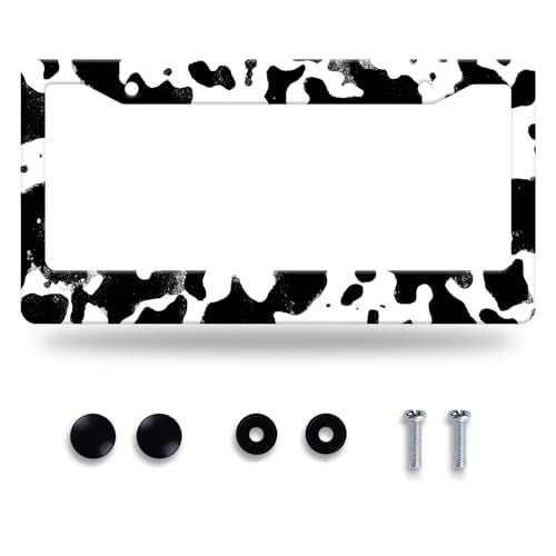 Black White Cows Texture License Plate Frame Animal Cowhide Print License Plate Stainless Steel Funny License Plate Holder Accessories Car Decoration with Screws Fits Standard Vehicles Size12.3 x6.3 - color: Black White Cowhide Print