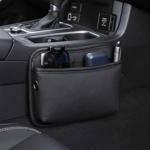 2 Pcs Car Storage Pockets, Universal Adhesive Leather Vehicle Gap Organizer, Multi-functional Center Console Accessories, Driver Passenger Side for Phone Wallet Keys, Black
