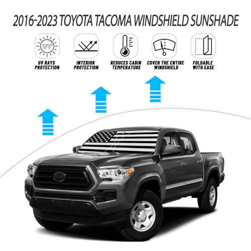 D-Lumina Windshield Sun Shade for 2016-2023 Toyo-ta Tacoma Accessories, Front Window Sunshade American Flag Sun Visor Protector Sun Shield Block UV Rays Heat, Foldable 2 Layers 210T Material - size: Silver & Black-Fit 2016-2023 Toyota Tacoma