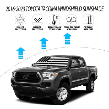 D-Lumina Windshield Sun Shade for 2016-2023 Toyo-ta Tacoma Accessories, Front Window Sunshade American Flag Sun Visor Protector Sun Shield Block UV Rays Heat, Foldable 2 Layers 210T Material - size: Silver & Black-Fit 2016-2023 Toyota Tacoma