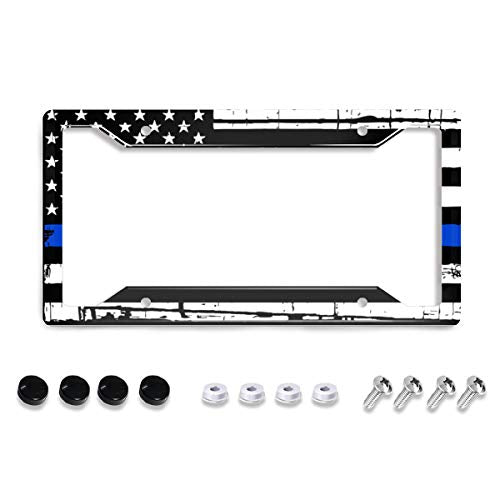 Personalized License Plate Frame Stainless Steels Thin Blue Line American Flag Cute License Plate Car Tag Holder with 4 Holes and Screws for Women Men Auto for USA Canada Vehicle Standard (12"x6") - color: Thin Blue Line American Flag