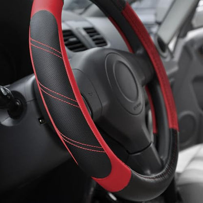 Elantrip Leather Steering Wheel Cover 14 1/2 to 15 inch Universal Padded Soft Grip Breathable for Car Truck SUV Jeep Anti Slip Black and Red - color: Black and Red, size: 14 1/2 - 15 Inch