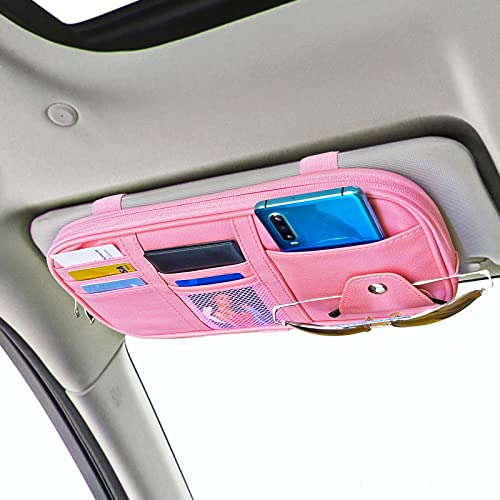 Da by Car Sun Visor Organizer Auto Interior Accessories Visor Pocket Organizer Car Truck Visor Storage Pouch Holder with Multi-Pocket Double Zippers New (Pink) - color: Pink