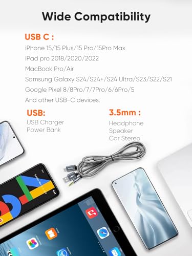 CableCreation USB C to 3.5mm Audio Cable with USB Charging Cable, Car Aux Cable, Type C to Aux Jack Headphone Car Stereo with 18W Charge for iPhone 16 15 Pro Max Plus, Galaxy S24/S23+, Pixel 9/8/7+ - style: USB C+3.5mm Audio+USB C Charging