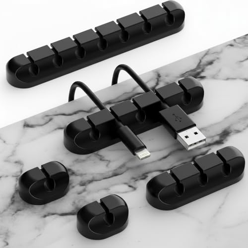 Cord Holder Cable Organizer Clips – Self Adhesive Cord Organizer for Desk, Car, Nightstands, Office, Black Silicone Cord Keeper Cable Clips Wire Holders for Charger Cords (7-5-3-1-1 Slots) - color: black