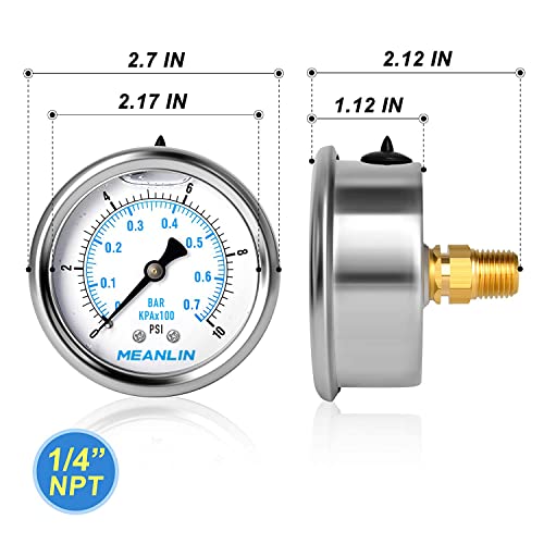 MEANLIN MEASURE 0~10Psi Stainless Steel 1/4" NPT 2.5" FACE DIAL Liquid Filled Pressure Gauge WOG Water Oil Air Center Back Mount, with 1/2" NPT and 3/8" NPT Hex Bushing - size: 0-10psi