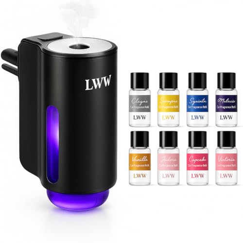 LWW Smart Car Air Freshener - 3 Levels Strength with Ventilation Clip, Rechargeable Car Fragrance Atomizer - with 8 10ml Bottles of Fragrance, Long Lasting Oil Diffuser (Black) - color: Black