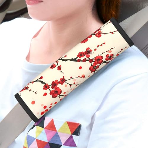 Seat Belt Cover Pad Red Japanese Cherry Blossom Flower Soft Safety Car Automotive Seat Belt Pads Cushion Shoulder Strap Covers for Cars or Bags, 2 Pcs - color: Red Japanese Cherry Blossom Flower