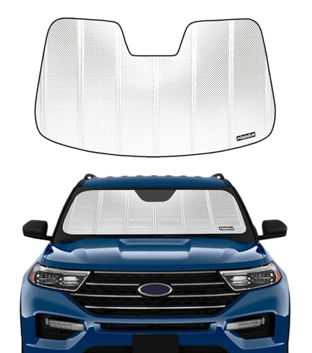 Pigenius Windshield Sun Shade for Ford Explorer 2020-2025. Reflective Aluminum Film Front Window Sunshade - BLAZBLOCK - color: Shiny Silver (Classic), size: 2020-2025