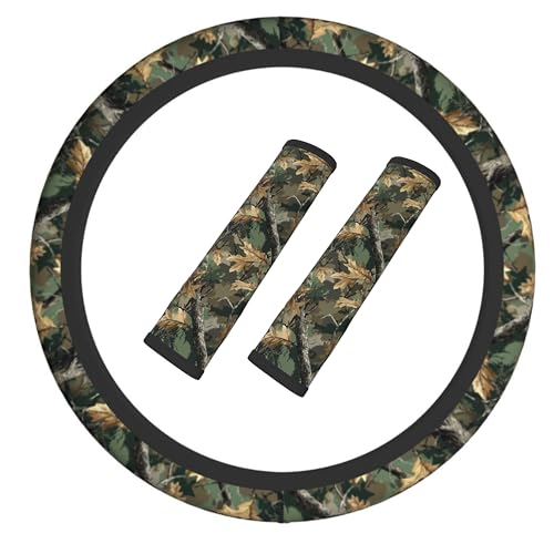 Camouflage Forest Steering Wheel Cover Elastic Non-Slip Car Steering Wheel Covers with Seat Belt Shoulder Pad for Women Men - color: Camouflage Forest